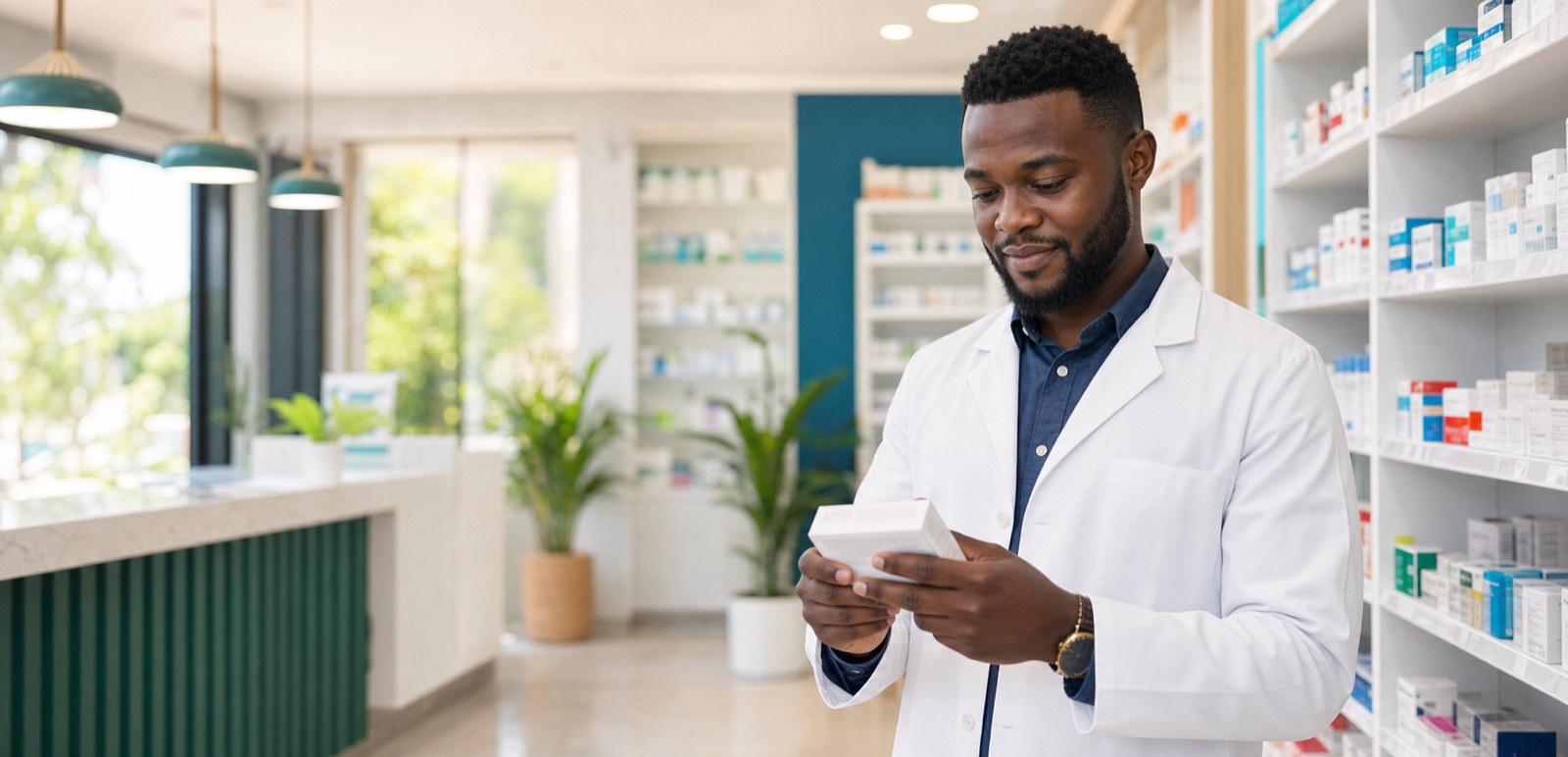 Ghanaian pharmacist reviewing medicine stock in a modern pharmacy