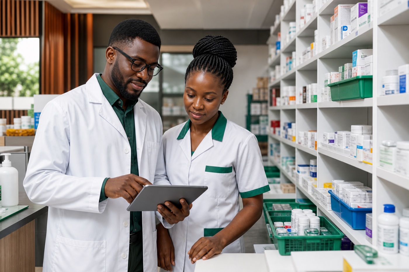 Two Ghanaian pharmacy professionals reviewing inventory on a tablet beside medicine shelves